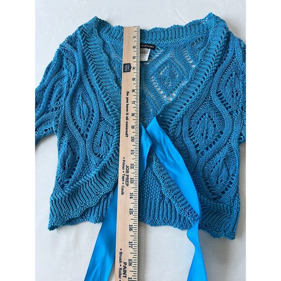 VTG Y2K American Attitudes sweater sz Med cropped flare sleeve crochet wrap blue - Picture 6 of 11